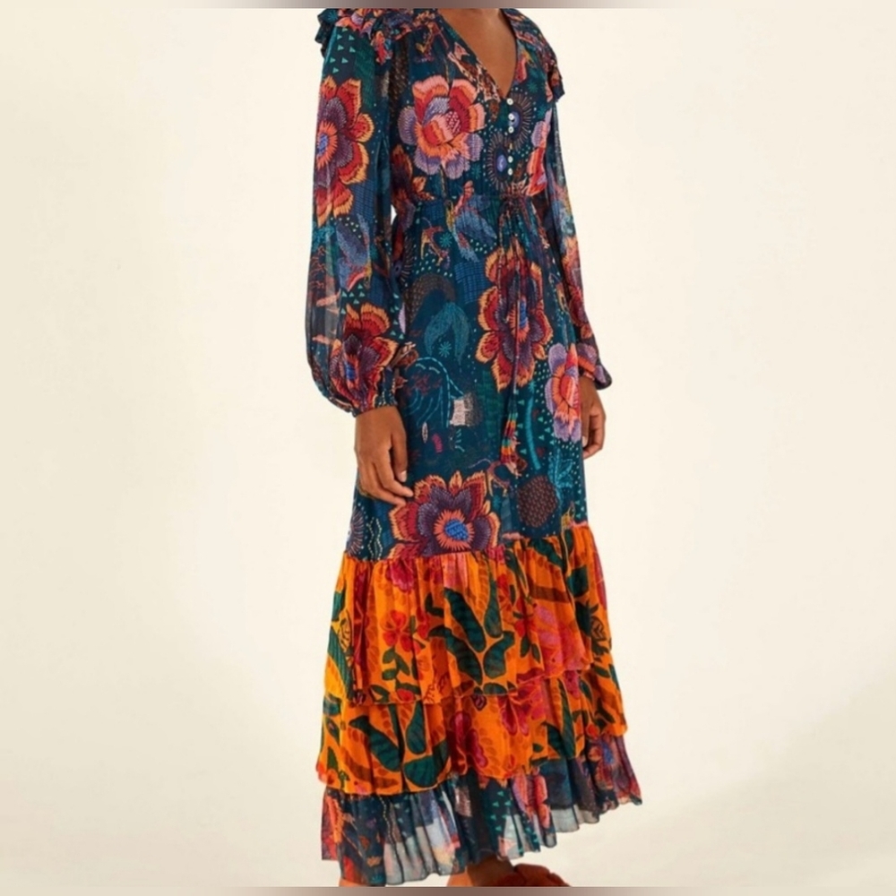 FARM RIO River Creatures Tiered Maxi Dress XS Boho Floral Ruffle Festival NWT